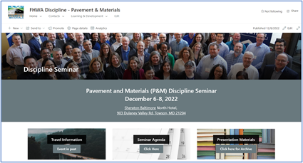 Screenshot showing a group of Pavement & Materials seminar attendees, December 6-8, 2002, and buttons for travel information, seminar agenda, and presentation materials.